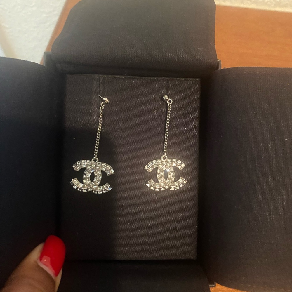 CHANEL Silver Logo Drop Earrings